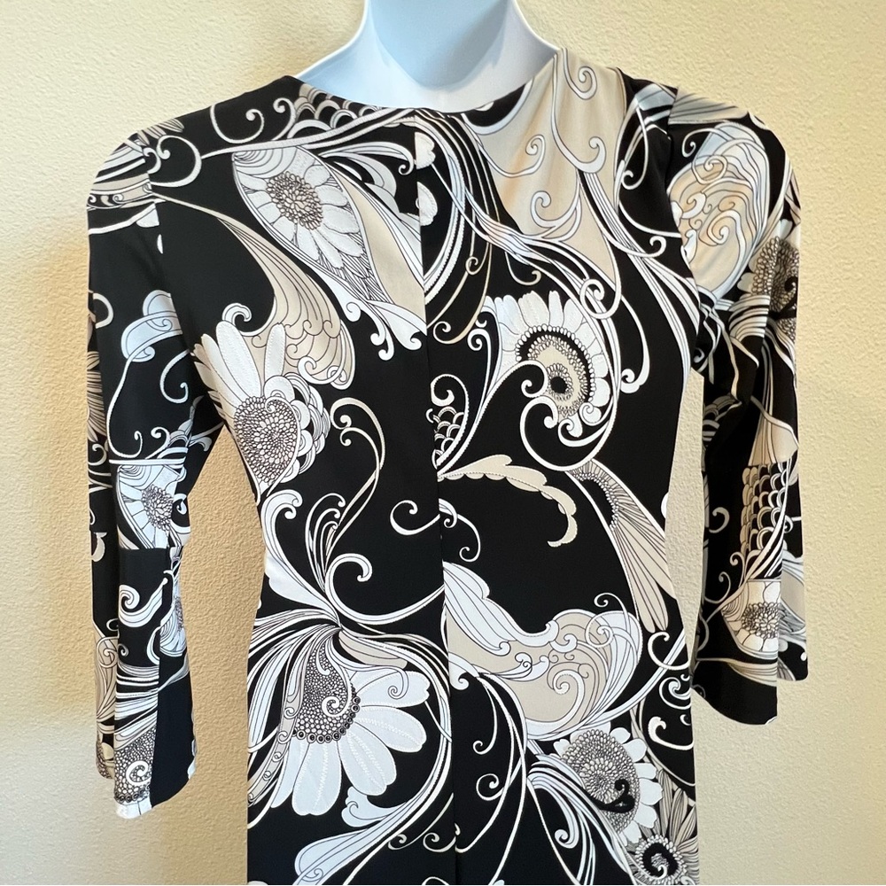 Glamour women black white tan floral midi dress trumpet sleeve round neck Sz 8 - Picture 9 of 16